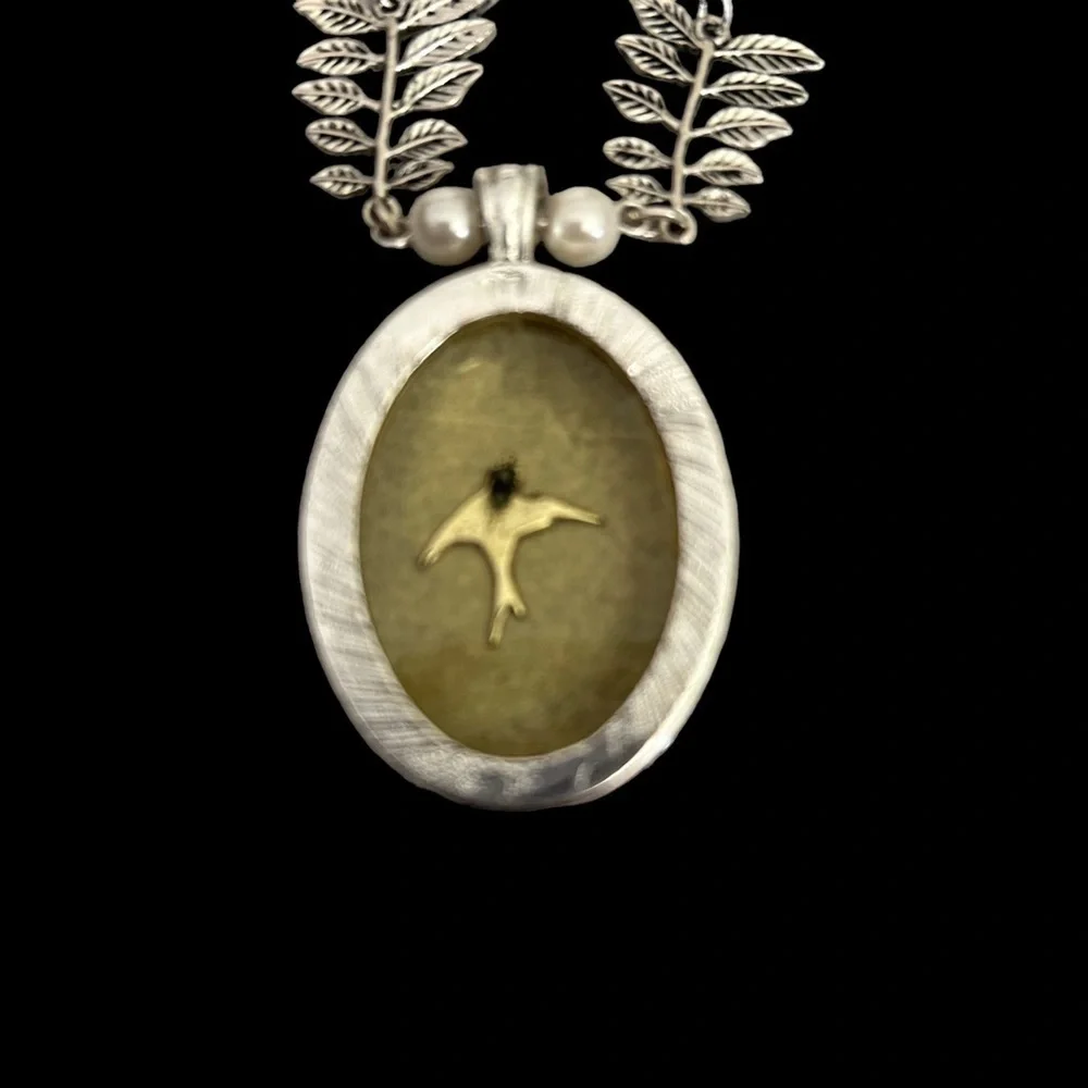 Double Slivertone Chain w/ Leaf & Faux Pearl & Gold/Yellow Pendant & Silver Bird